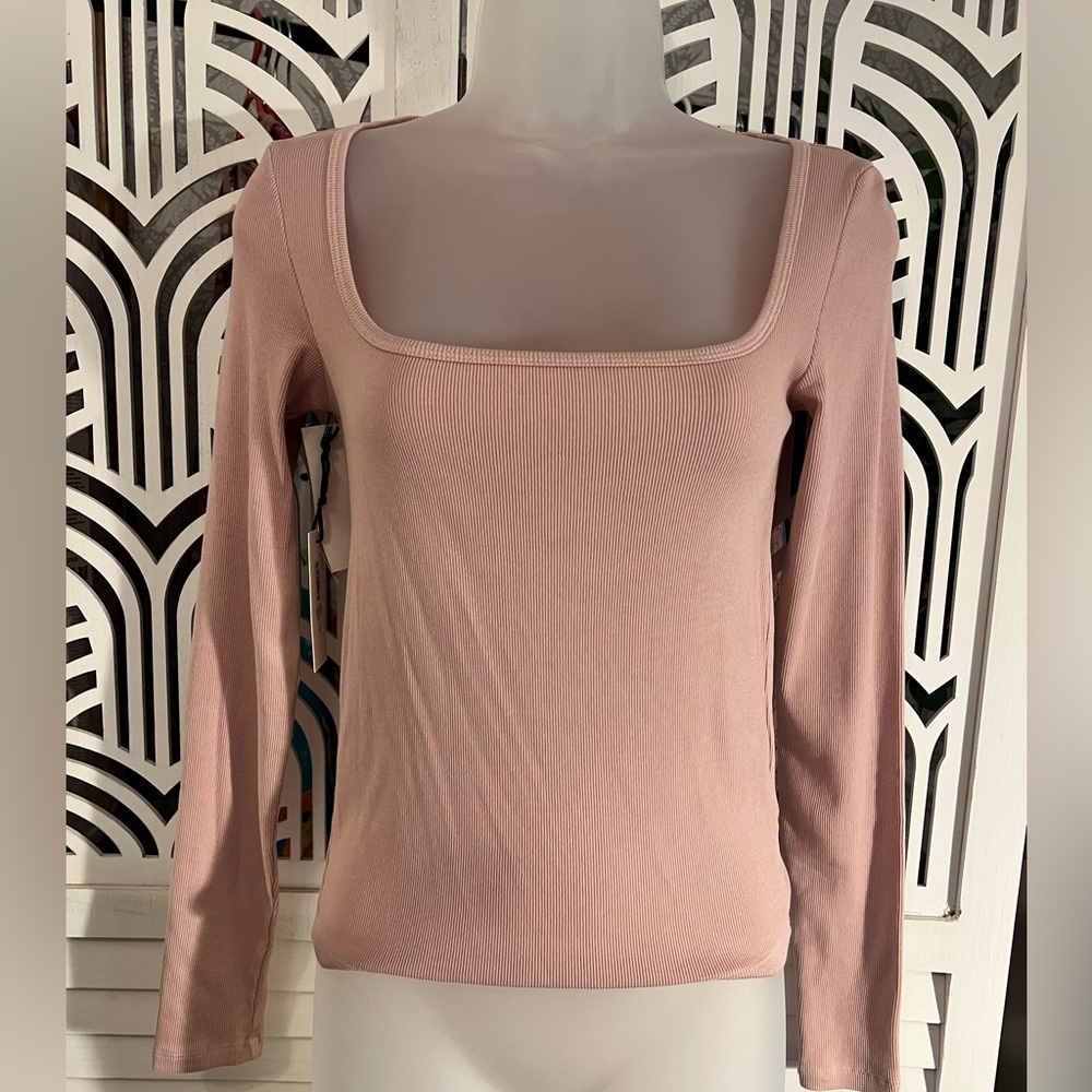 NWT Aritzia HomeStretch Squareneck Bow Pink Ribbed Long Sleeve Small